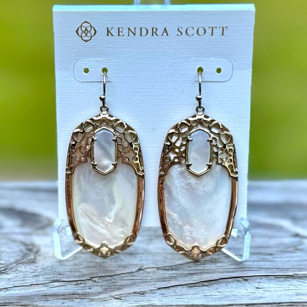 Kendra Scott Ivory Mother of Pearl Deva Two Stone drop Earrings Gold Tone